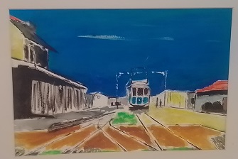 Picture of a painting featuring a tram at Arles in the Camargue, France