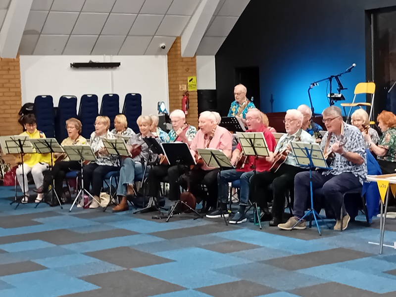 group playing and singing at Silver Saturday